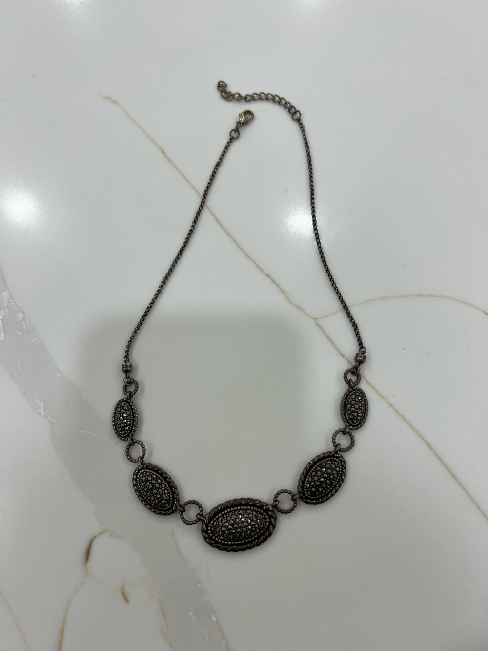 Vintage Silver Oval Link Necklace Black Diamond Paved- Women Jewelry